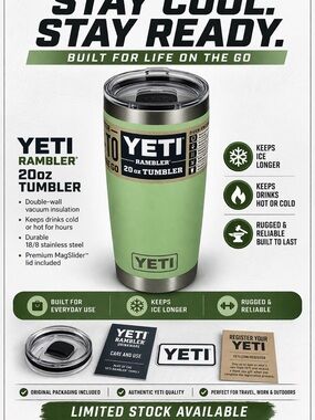 Yeti Rambler 20oz Tumbler in Light Green with Stainless Accents